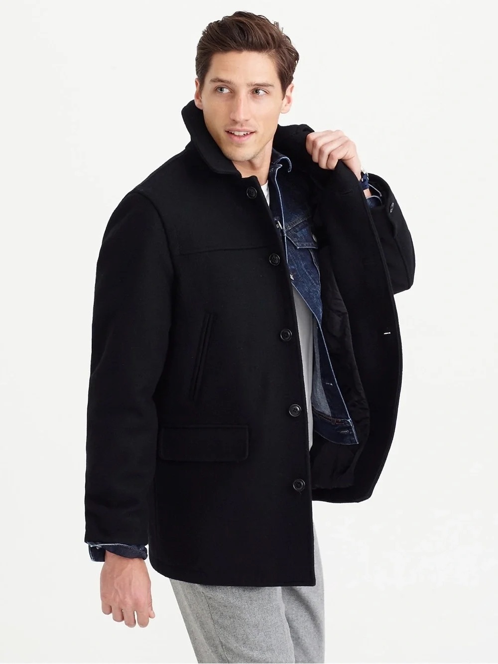 J. Crew | Men's Black Wool Blend University Pea Coat, XL